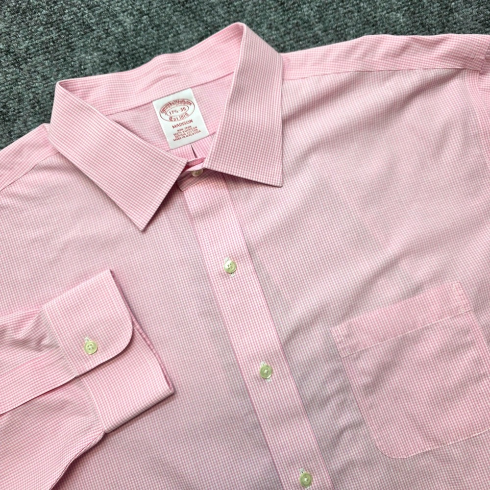 Brooks Brothers 1818 Dress Shirt Men's 17.5 35 Madison Pink White Check Non Iron